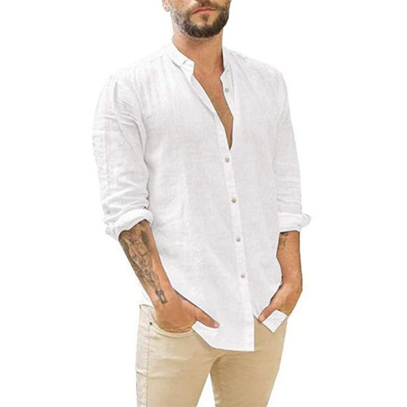 Spring Autumn Stand Collar Linen Loose Casual Shirt Male Long Sleeve Solid Color Cardigan Top Hombre Oversized All-match Blouse