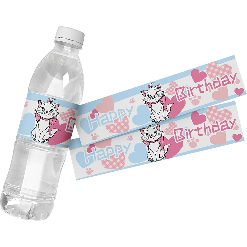 6pcs Disney The Aristocats Marie Cat Pink Happy Birthday Water Bottle Decoration Stickers Supply Baby Shower Party Packing Label