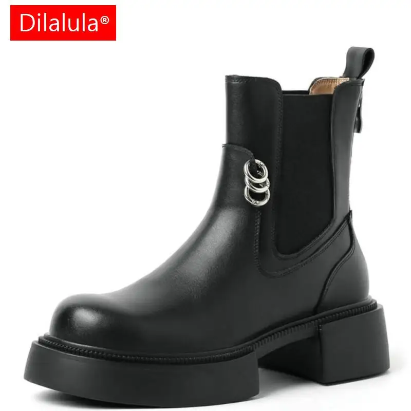 

Dilalula 2024 Women Genuine Leather Ankle Boots Autumn Winter Round Toe Thick Med Heels Casual Chelsea Shoes Woman Size 34-42