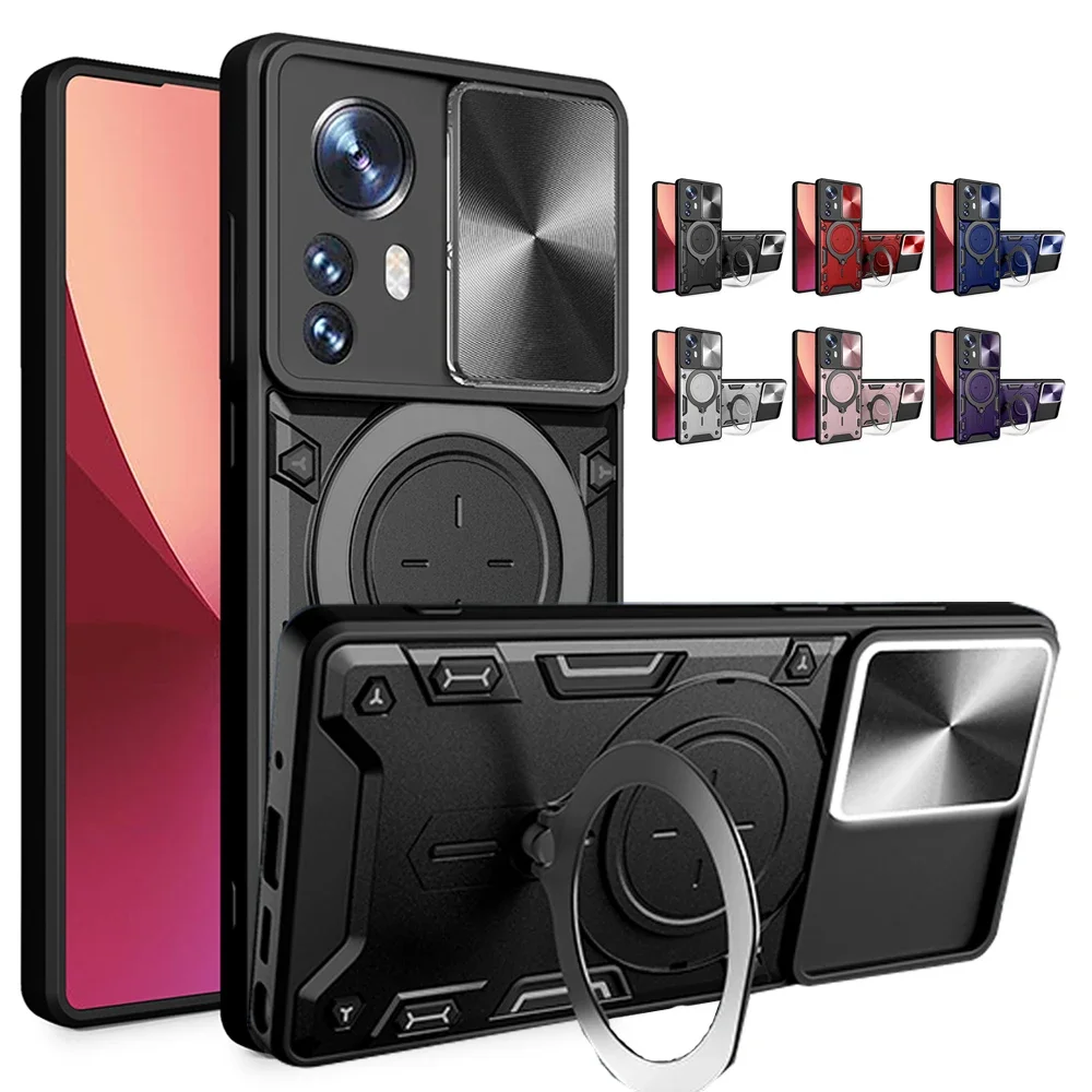 Custodia Per Redmi Note 12 11 Pro 10C Xiaomi 13 Poco X5 Pro A1 4G 5G Magnetic Rotat Camera Slide Protector Ring 360 Stand Cover