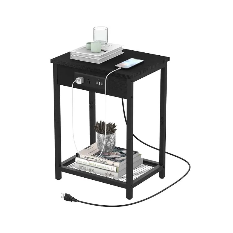Nightstand with Charging Station Bedroom End Side Table with USB Ports  outlets Modern Record Player Stand 2-Tier Bedside Table 5