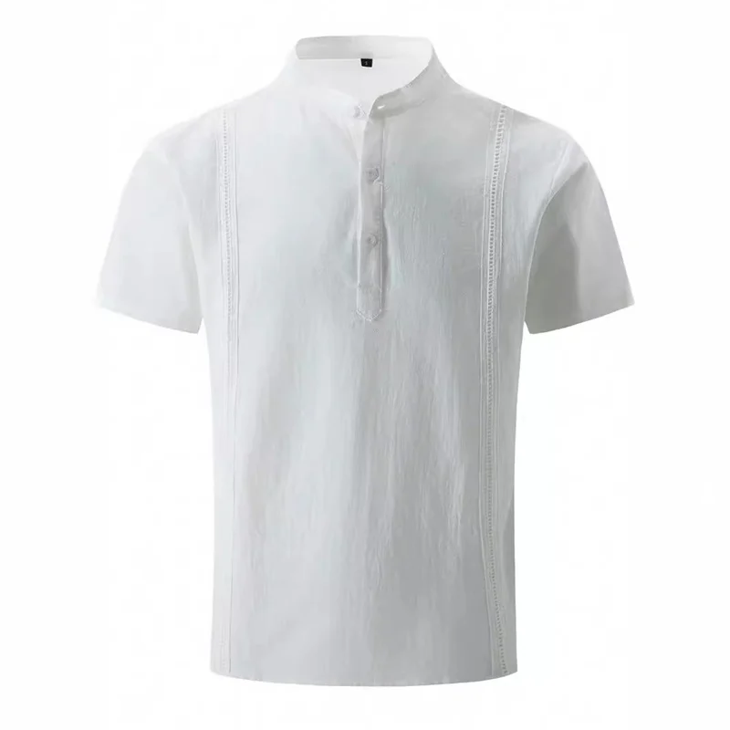 2024 summer new men's short sleeve Henri collar solid color Cuban Guayabera cotton shirt fashion trend beach men's top 6