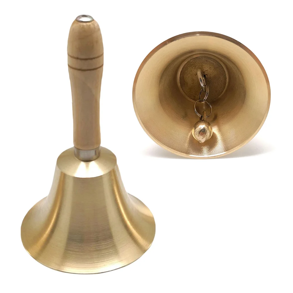 

Copper Bell with Wooden Handle Dinner Party Handbell Restaurant Call Service Bell 11cm in Diameter(Interior Finished)