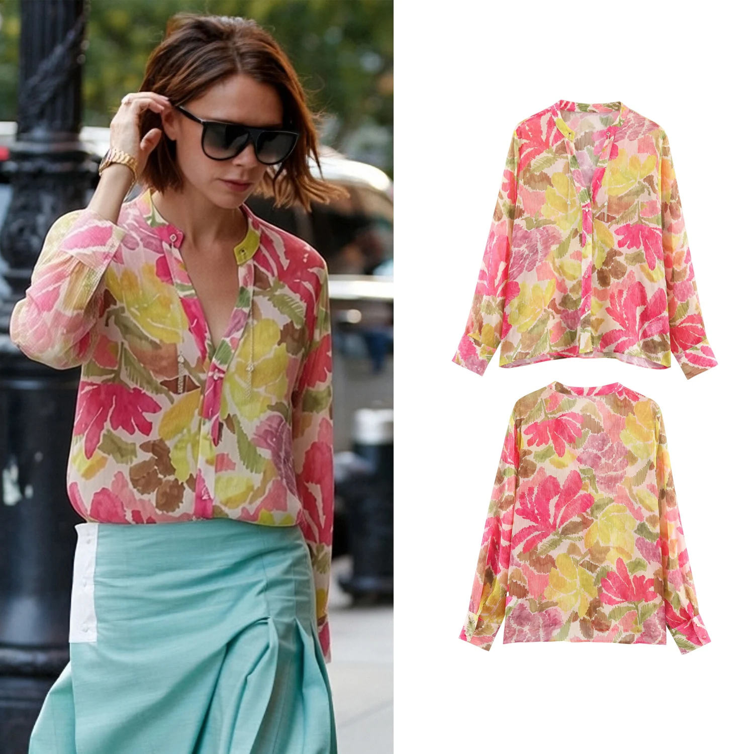 Damen Blusen mit Blumenmuster Frühling Sommer V-Ausschnitt Langarm Einreihiges Hemd Elegante Retro Streetwear Bluse