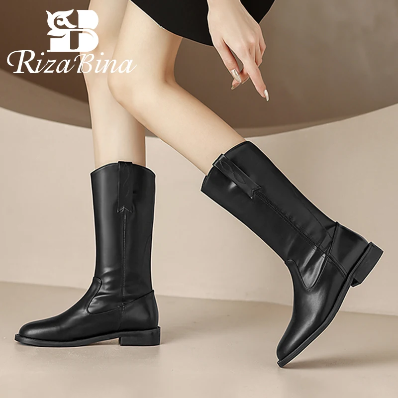 

RIZABINA Women'S Short Boots Real Leather New Winter Shoes Solid Color Half Calf Boots Daily Fashion Female Footwear Size 33-40