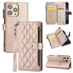 Premium Faux Leather Wallet Phone Case with Card Holder, Wrist Strap, and Zipper Coin Pocket - iPhone 15 (Rose Gold)