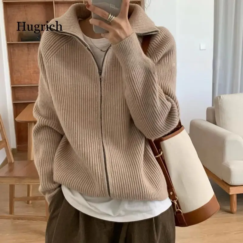 

Новинка Осень-зима 2022, элегантная утепленная водолазка с отложным воротником, повседневная трикотажная куртка, свитер на молнии с длинным рукавом, новый корейский вязаный кардиган