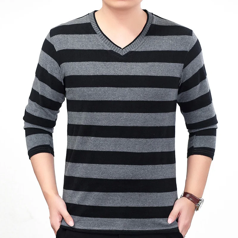 2023 Spring and Autumn Men's V-neck Stripe Thread Decoration Loose Casual Fashion Elegant Commuting Long Sleeved Bottom Shirt
