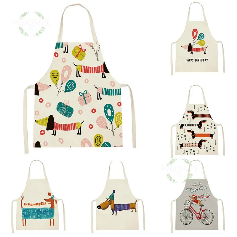 

Dachshund Print Linen Apron Cartoon Animal Dog Unisex Sleeveless Kitchen Apron Chef Waiter Work Clothes Household Clean Bib
