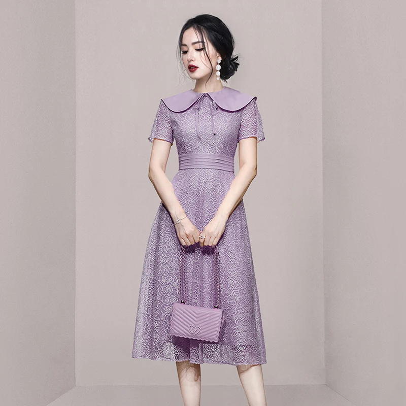 

WTIANYUW 2022 Summer Women New Peter Pan Collar Short Sleeve Temperament Bodycon Slim Elegant Vintage Party A Line Dress