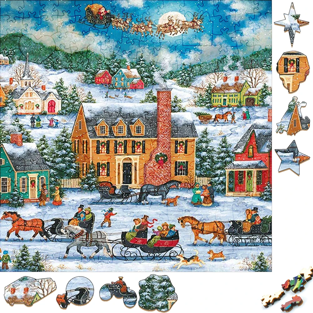 

Unique Wooden Puzzles Winter Snowing Santa Claus Wood Jigsaw Puzzle Craft Irregular Family Interactive Puzzle Gift for Friend