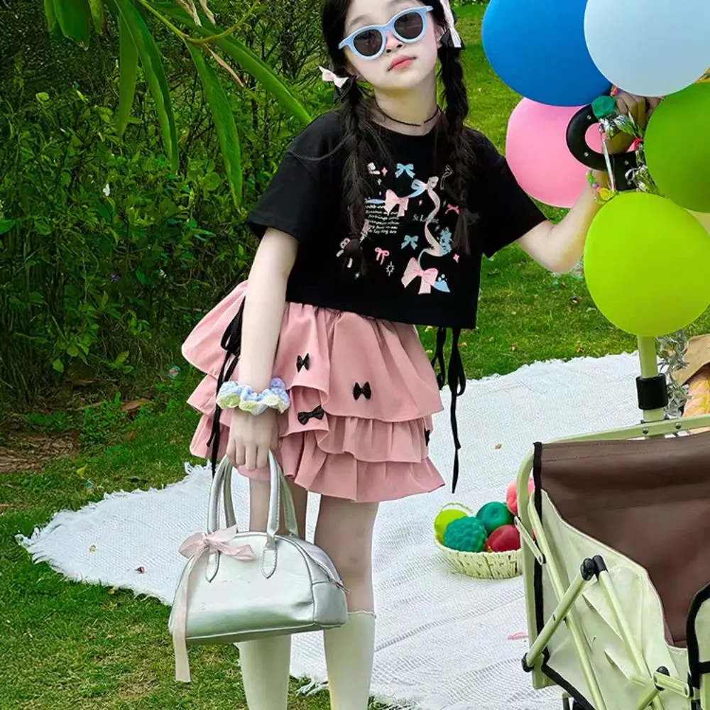 Outfits Y2K Bow Children Cake Skirt Set Pleated Teenagers T-shirt Skirt Suit Sweet Slim Fit Girls Clothes Set Party