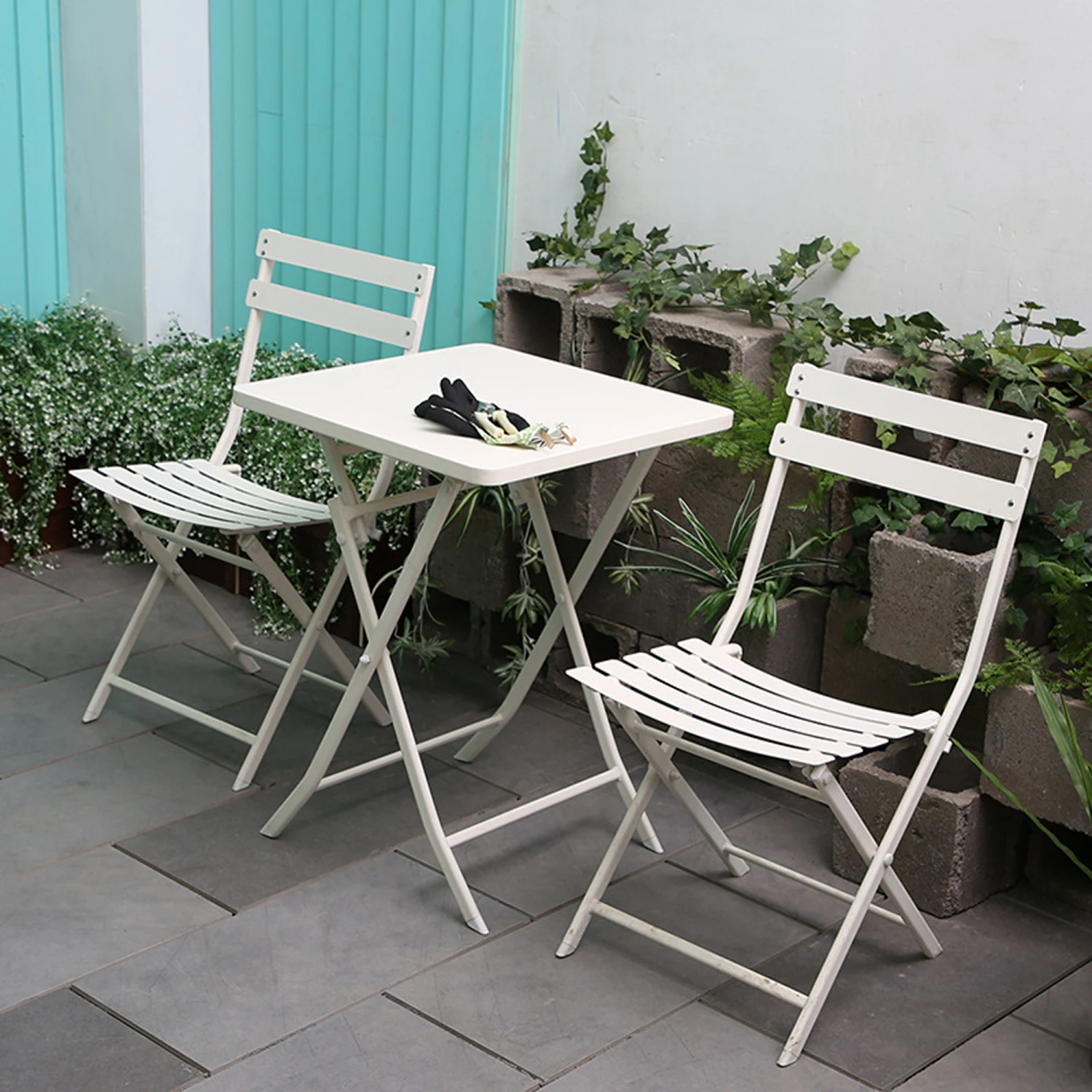 

3 Piece Patio Bistro Set of Foldable Square Table and Chairs, White