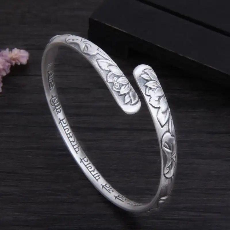 XIYANIKE Vintage Thai Silver Lotus Flower Cuff Bracelet For Women Girl Ethnic Fashion New Jewelry Party Lady Gift Pulseras Mujer - Image 4