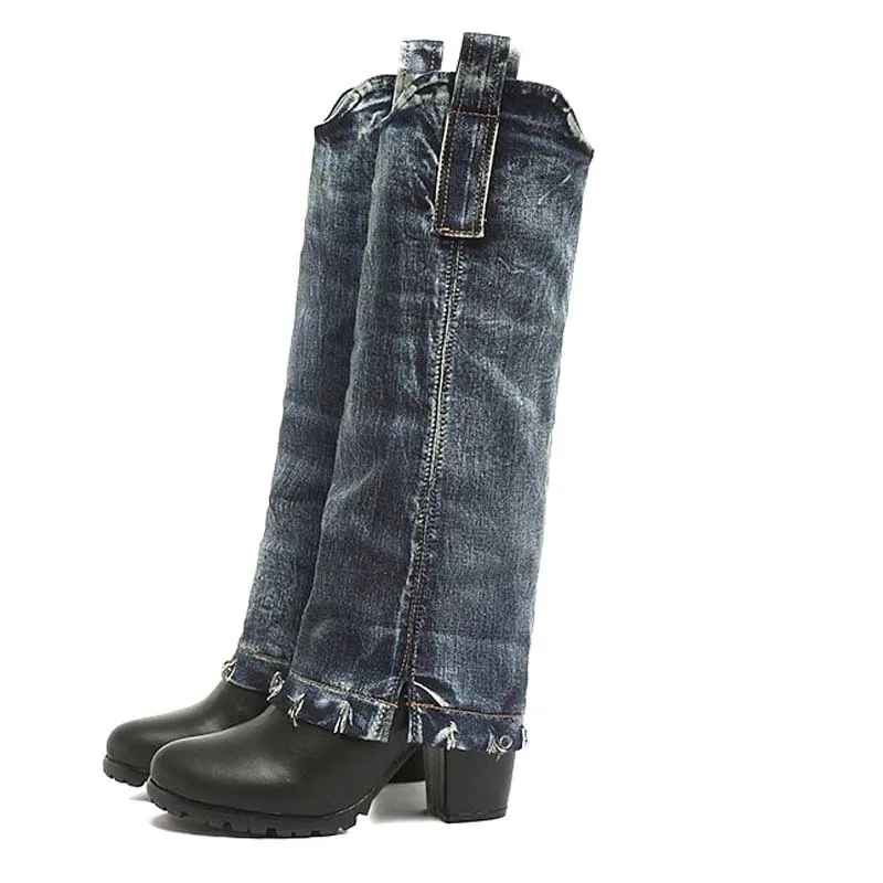 

Washed Denim foldover Cow leather patchwork Knee Boots Woman Cowboy covered Chunky Heel western knight boots Roman Boots