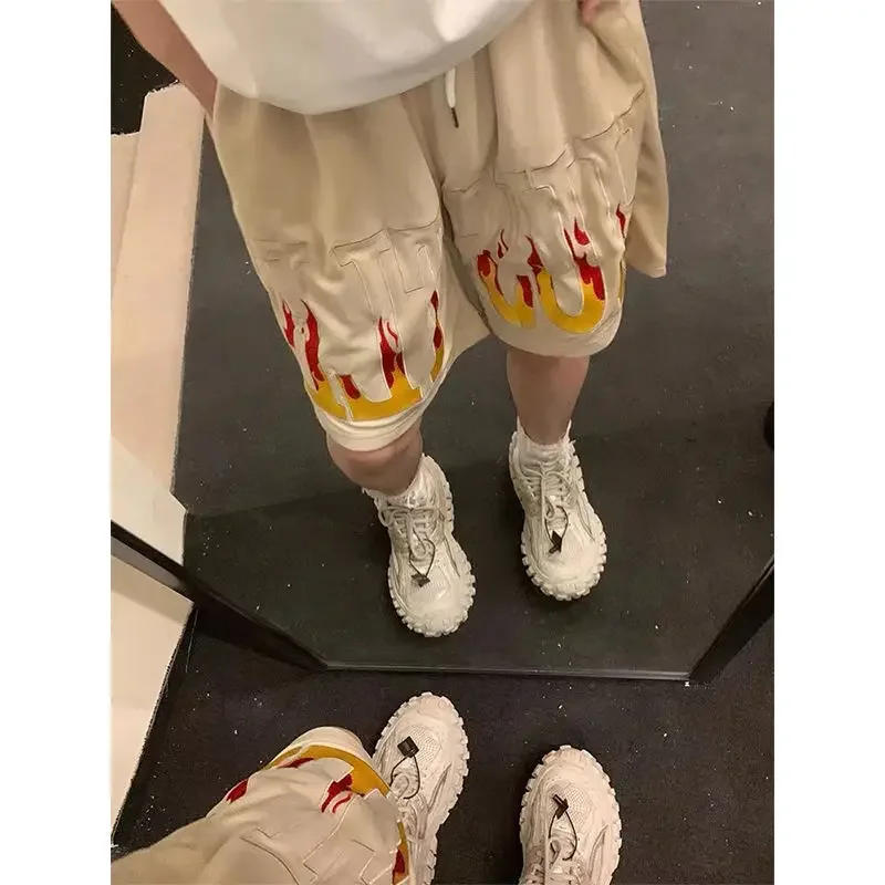 2023 European and American retro embroidery flame letter shorts street style basketball casual loose sports five-point y2k pants