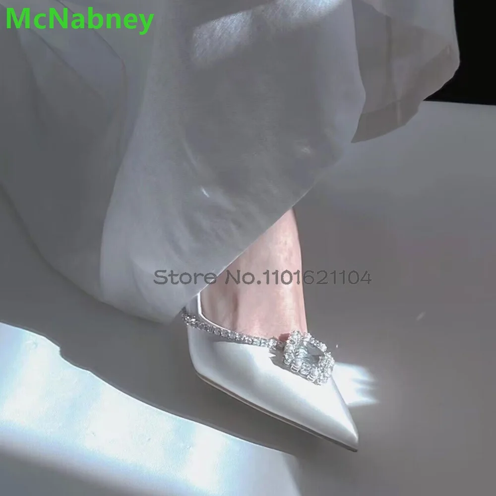 White Thin High Heel Crystal Wedding Pumps For Female Women 2024 Spring New Pointed Toe Slip-on Shallow Solid Elegant Shoes