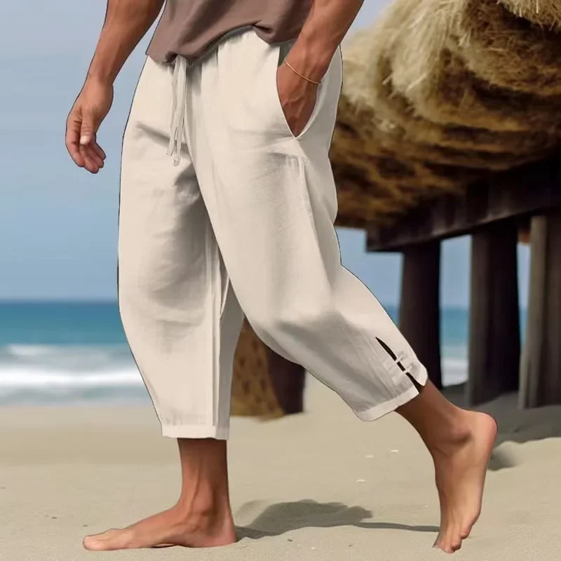 New Summer Men's Casual Pants Solid Color Elastic Waist Pockets Loose Nine-minute Pants Sports Breathable Wide-leg Harem Pants