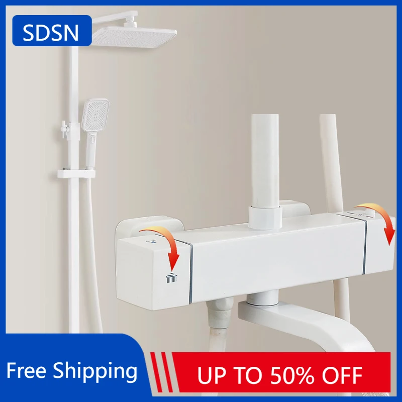 สีขาว Thermostatic ห้องน้ําชุดฝักบัว 12 นิ้วหัวฝักบัวเรนชาวเวอร์ทองเหลืองคุณภาพ Thermostatic Bath Shower System Sprinkler 1