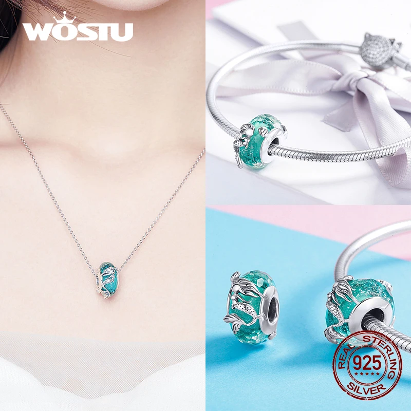 WOSTU 100% Real 925 Sterling Silver Pink Blue Colorful Crystal Radiant Round Charm Beaded Fit Original DIY Bracelet Jewelry Gift 5