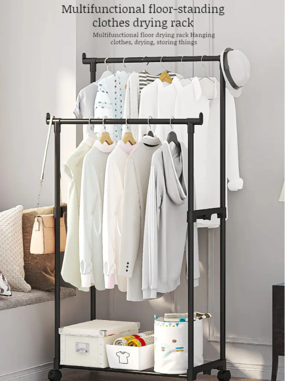 Double-Rod Clothes Rack Clothes Rack With Hooks Hanging Clothe Organizer For Bedroom Movable Bedroom Clothing Hanger With Wheels 3