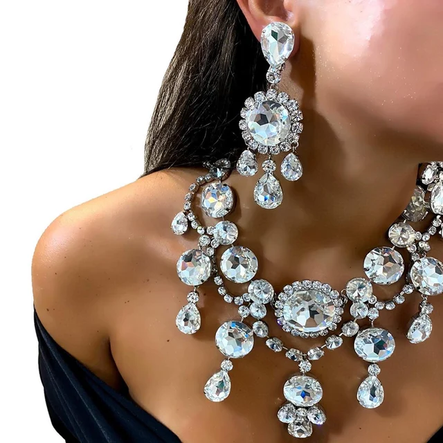 Stonefans Elegant Round Crystal Necklace Earrings Set Women Decoration Exaggerated Rhinestone Bridal Jewelry Sets Wedding Gift 5