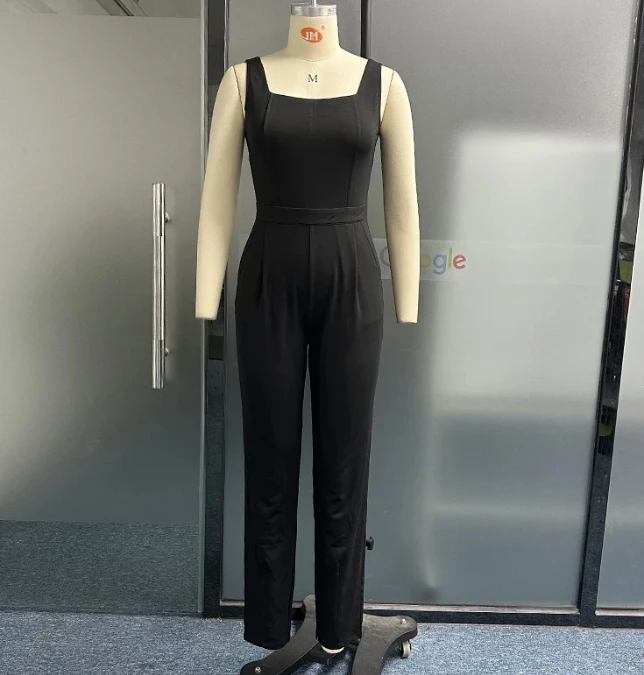 Women's Jumpsuit 2024 New Summer Solid Color Round Neck Sleeveless High Waist Slim Fit Pocket Design Casual Long Jumpsuit