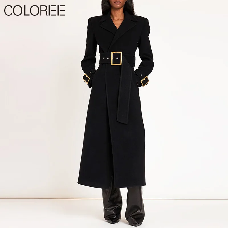 

X-long Abrigo Mujer Invierno 2023 Autumn Winter Elegant Sashes Black Wool Coats for Women Luxury High Quality Black Jacket