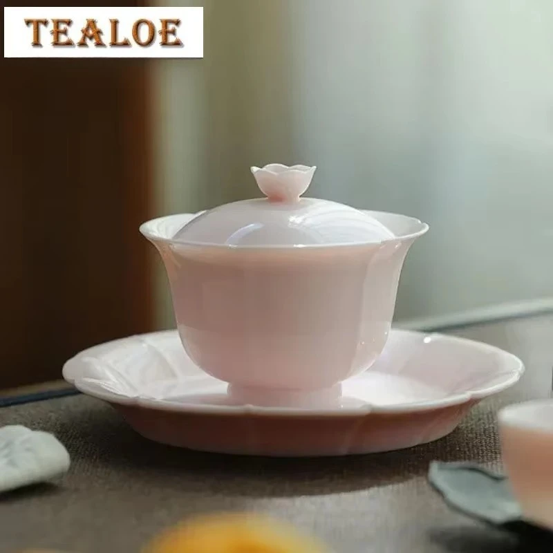 150ml Boutique Pink Ceramic Sancai GaiWan Tea Cup Handmade Single Colored Glaze Petal Tea Bowl Household Kungfu Teaset Drinkware