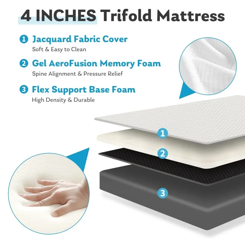 Folding Mattress, 4 inch Tri-fold Memory Foam Mattress Topper for Camping, Foldable Mattress Topper with Washable Cover 6