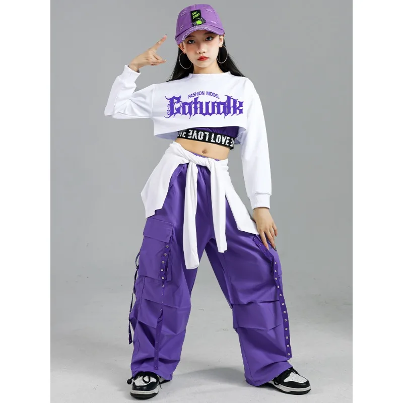 Girls' Jazz Dance Clothes White Tops Purple Trousers Children's Hip-hop Costumes Trendy Youth Outfits Stage Suit  Women's Groups - 5