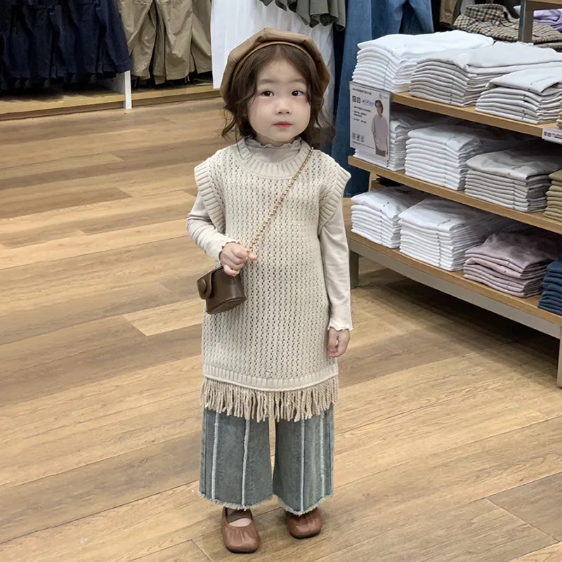 

2023 Korean Spring Autumn 3PCS Knitted Hollow Tassels Vest Cotton Bottoming Suit Denim Loose Wide Leg Pants Kids Girls Outfit