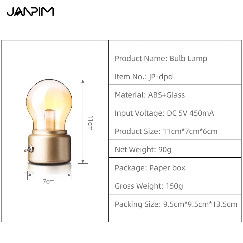 Janpim retro revival Bulb Lamp Led night light USB charging Children's gift Table Lamp Bedroom Nightlight