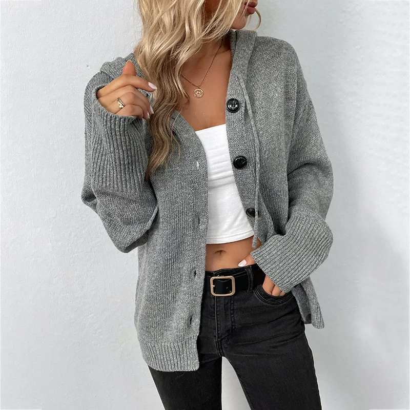 

Women Outwear Solid Color Hooded Single-Breasted Sweater Women Autumn Winter New Drawstring Knitted Cardigan Coat Women Cardigan