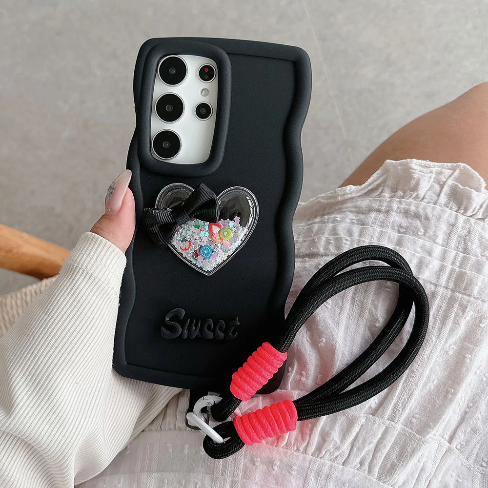 Étui de téléphone en silicone avec cordon et cœur Quicksand pour Samsung Galaxy A55 A35 A25 A15 A54 A34 A24 A14 A53 A33 A23 A13_voghion.com