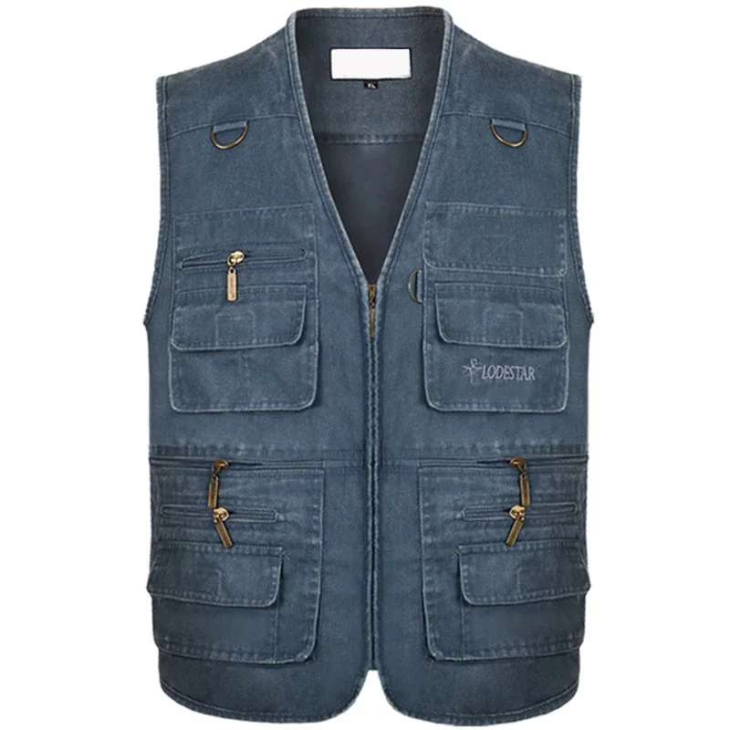 

Plus Size 6XL 7XL Male Casual Summer Cotton Denim Vest Men's Sleeveless Jacket Multi Pocket Photograph Waistcoat chaleco hombre