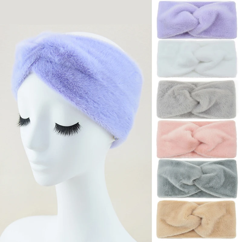 Fashion Wide Cross Plush Headbands for Women Solid Soft Warm Knot Hairbands Ladies Winter Warmer Ear Turbans Hair Accessories