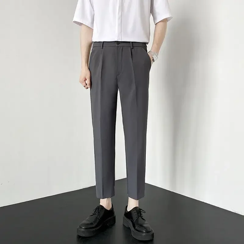 thumbnail image 1 of Pantalones holgados y elásticos para hombre, pantalones de oficina rectos y recortados, ropa de trabajo elástica fluida, vestido de estilo coreano, 1 of 5