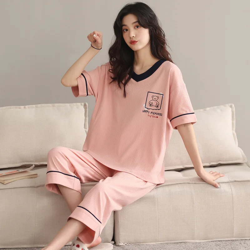 Summer new Women Pyjamas cotton Pajamas Sets Sleepwear Casual Nightwear Pijama Mujer Shorts sleeve M-2XL home clothes set