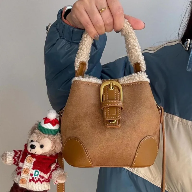 JIAERDI Cute Lambswool Mini Bucket Bag Women Maroon Retro Suede Handbag  Ladies Patchwork Casual Leather Strap Crossbody Bag New