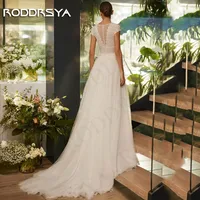 RODDRSYA Lace Short Sleeves Wedding Dress 2024 Bride robes de mariée Bohemian Tulle Split Bridal Dresses V Neck Beach A Line 2