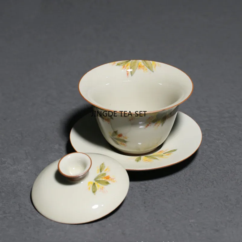 100ml Chinese handmade ceramic lid bowl tea cup hand-painted osmanthus pattern travel tea bowl