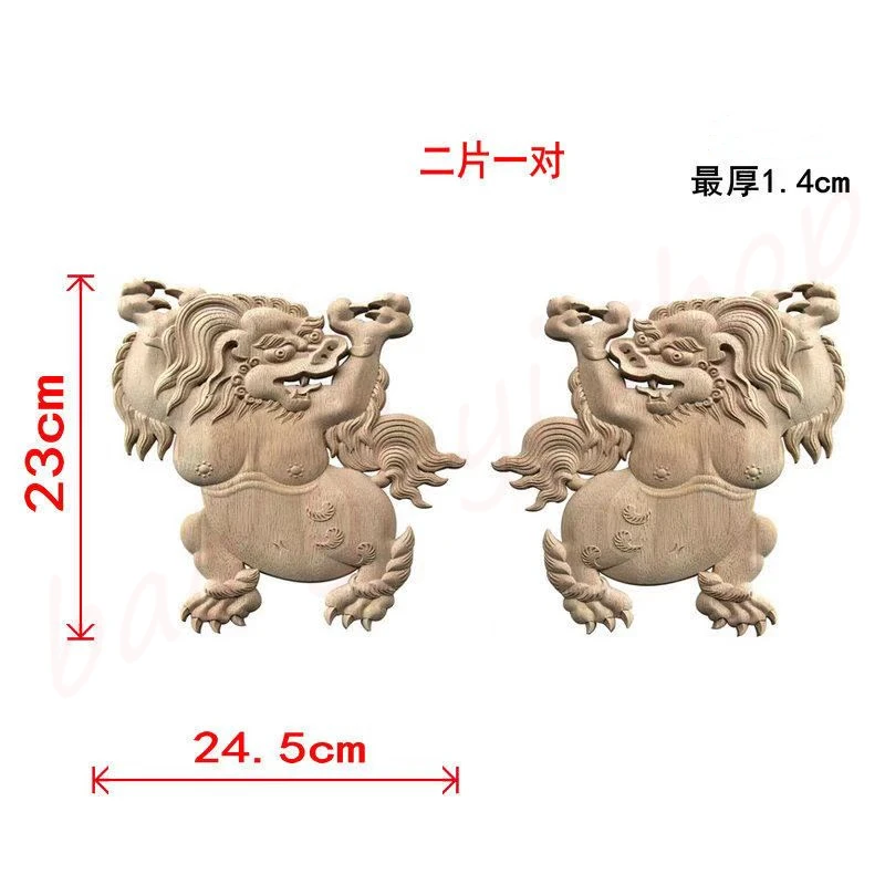 Solid wood flower piece, Tibetan wood carving lion, home decoration patch, rubber wood, unpainted, one pair 2