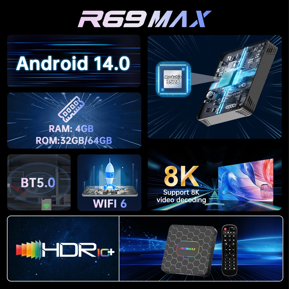 Smart TV BOX RK3528 Quad Core R69MAX Android 14 Support Wifi