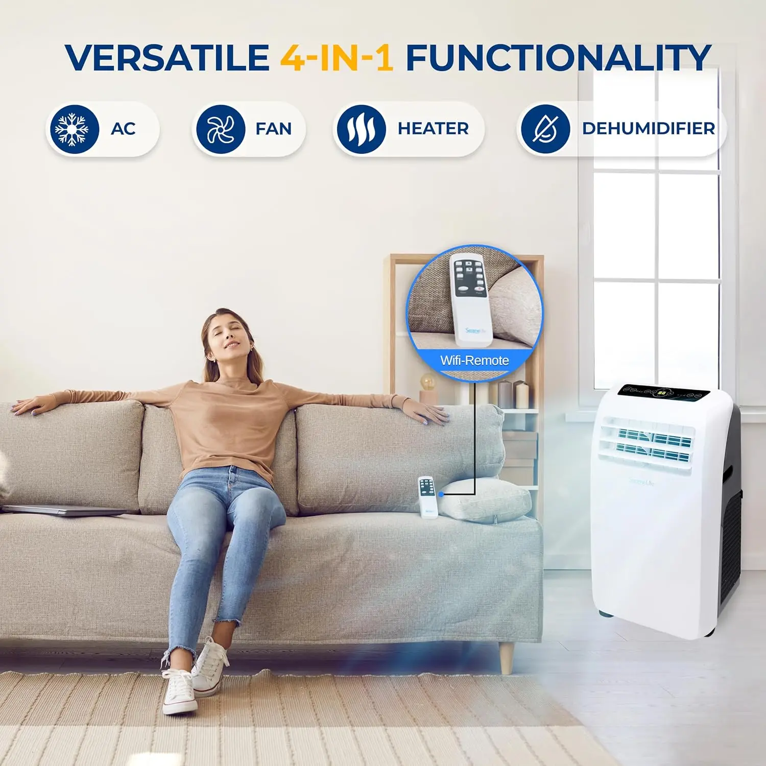 Air Conditioner Portable 10,000BTU with Built-in Dehumidifier+Heat-Portable AC unit for rooms up to 450 sq ft-Remote Control