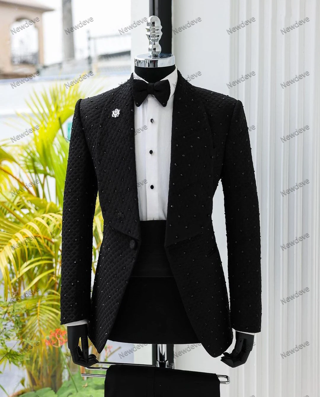 Modern Men's Suits Tailored 2 Pieces Blazer Pants One Button Wide Lapel Beads Plus Size Wedding Formal Tuxedo Made