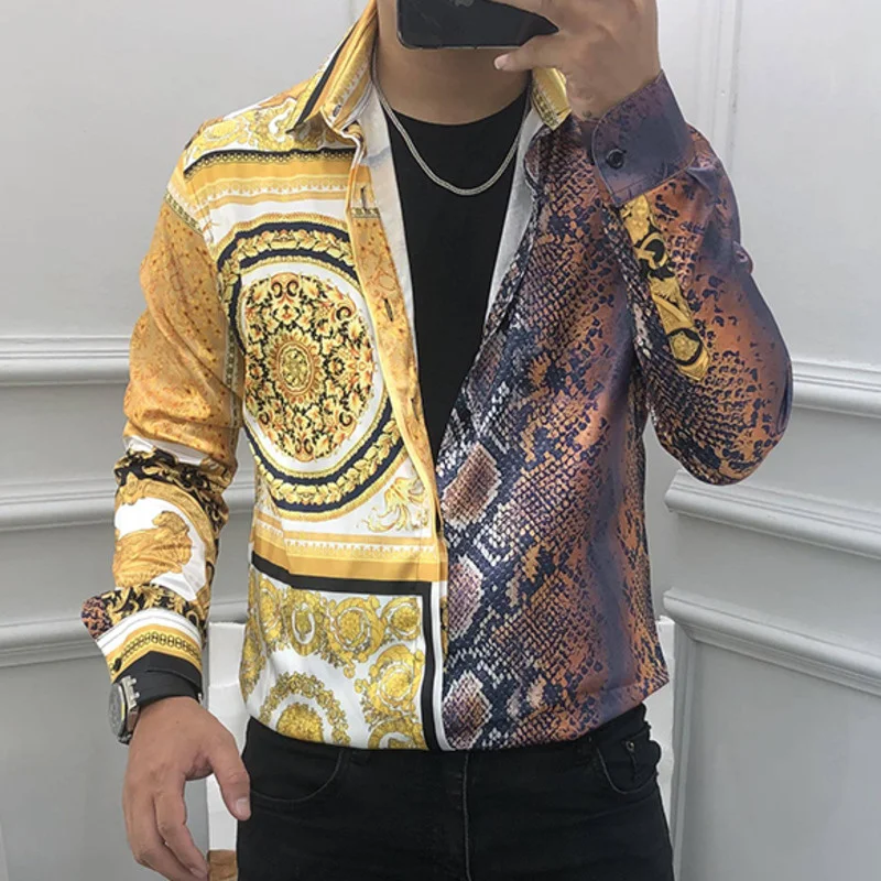 

Gold Snake Stitching Printing Dress Shirts Luxury Baroque Long Sleeve Spring Black Gold Palace Shirt Social Slim Shirt Men