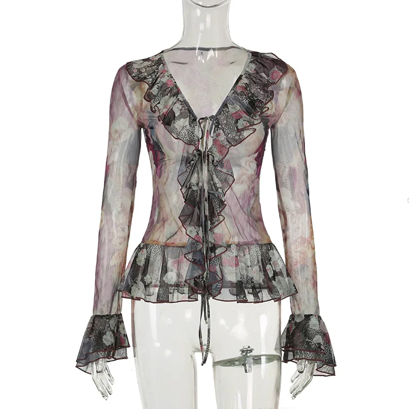 Blusa de manga larga acampanada con volantes y estampado floral para mujer, estilo grunge de los años 2000, ropa urbana Y2K