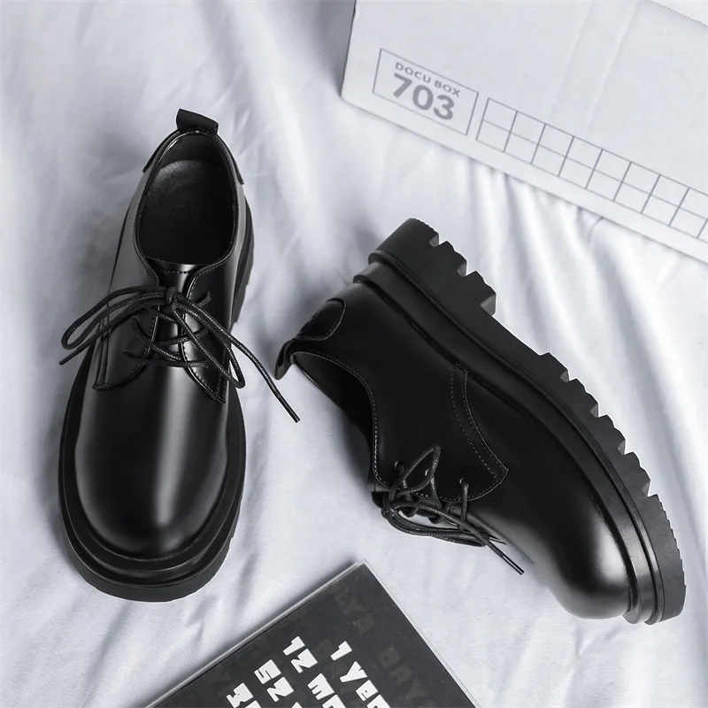 Leather Men's Casual Commuter Business Dress Spring New Carbon Black Thick Sole Heightening Niche Derby Shoes