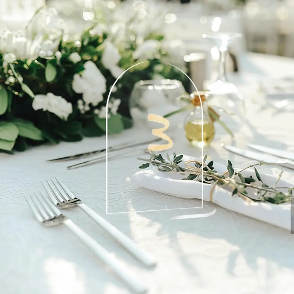 Set Di 20 Segnaposti Acrilici Trasparenti Ad Arco Con Supporto Legno - Per Matrimoni, Feste, Esposizione Menu E Numeri Tavolo